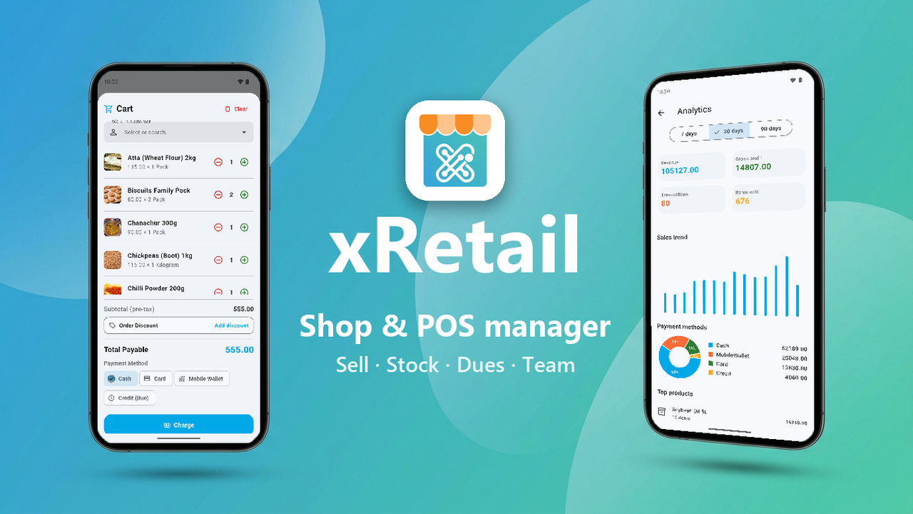 xRetail on two phones: checkout cart and sales analytics, beside the app icon