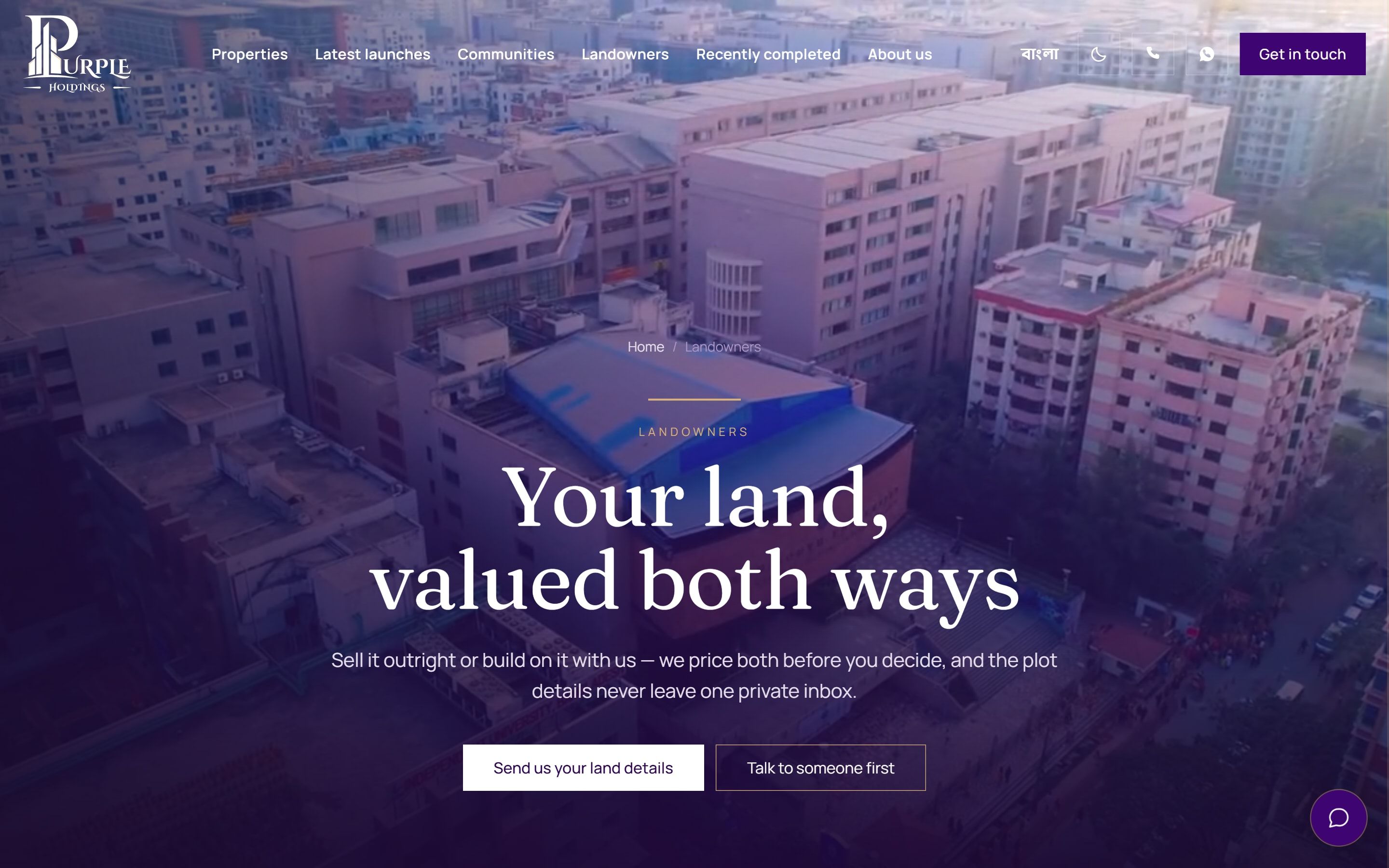 Purple Holdings landowners page: sell your land or build on it with a joint venture